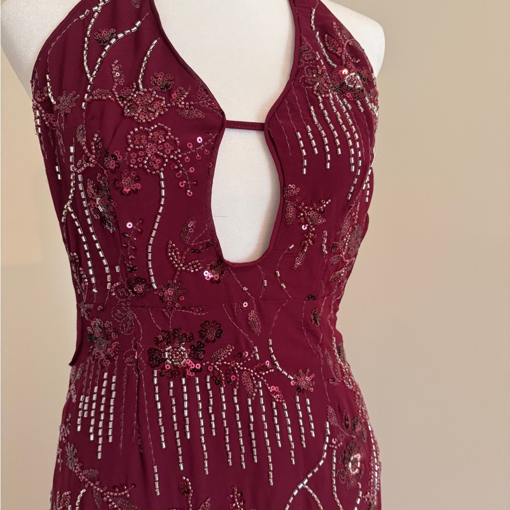 Peppermayo Burgundy Beaded Halter Maxi Dress - Picture 2 of 5